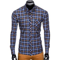 KOSZULA MĘSKA W KRATĘ Z DŁUGIM RĘKAWEM K416 - GRANATOWA/BRĄZOWA. Pomarańczowe koszule męskie Ombre Clothing, s, bez wzorów, bez kołnierzyka, z długim rękawem. Za 29,00 zł.