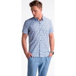 Koszula męska z krótkim rękawem K474 - biała/granatowa. Białe koszule męskie Ombre Clothing, s, bez wzorów, z bawełny, klasyczne, z klasycznym kołnierzykiem, z krótkim rękawem. Za 35,00 zł.