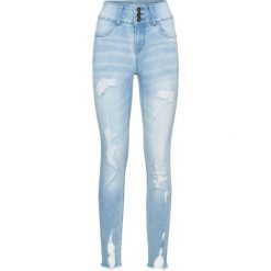 Dżinsy z wysoką talią "destroyed" bonprix niebieski "bleached”. Niebieskie jeansy damskie skinny bonprix, z jeansu. Za 109,99 zł.