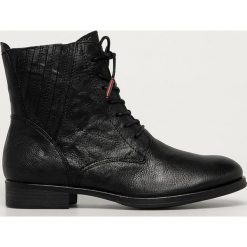 Marco Tozzi - Workery skórzane. Czarne workery damskie Marco Tozzi, ze skóry, z okrągłym noskiem, bez obcasa, na obcasie, na sznurówki. Za 349,90 zł.