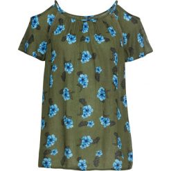 Bluzka cold-shoulder bonprix oliwkowy z nadrukiem. Zielone bluzki damskie bonprix, z nadrukiem, bez kołnierzyka, bez rękawów. Za 89,99 zł.