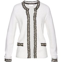 Sweter rozpinany z perełkami bonprix biel wełny. Białe swetry damskie bonprix, bez wzorów, z elastanu, bez rękawów, bez kaptura. Za 149,99 zł.