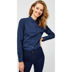 Taliowana koszula w groszki. Niebieskie koszule damskie Moodo, xl, w grochy, z elastanu, bez kołnierzyka, z długim rękawem. Za 39,99 zł.
