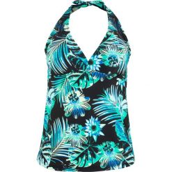 Top plażowy tankini bonprix czarno-turkusowy z nadrukiem. Czarne stroje kąpielowe damskie bonprix, z nadrukiem. Za 79,99 zł.