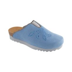 Kapcie w kolorze niebieskim. Niebieskie klapki damskie Scholl, bez wzorów, bez obcasa. W wyprzedaży za 129,95 zł.