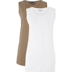 Długi top basic (2 szt.) bonprix biało-jasnooliwkowy. Białe topy damskie bonprix, bez wzorów, bez kołnierzyka. Za 39,98 zł.