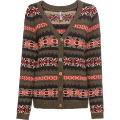 Sweter rozpinany bonprix ciemnozielono-brązowy wzorzysty. Zielone swetry damskie bonprix, bez wzorów, bez rękawów, bez kaptura. Za 44,99 zł.