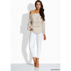 LS191 Kobiecy sweter z dziurkami - beżowy. Brązowe swetry damskie Pakamera, bez wzorów, eleganckie, bez rękawów, bez kaptura. Za 142,00 zł.