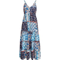 Długa sukienka bonprix niebiesko-biały z nadrukiem. Niebieskie sukienki damskie bonprix, z nadrukiem, bez kołnierzyka, z długim rękawem, długie, maxi. Za 149,99 zł.