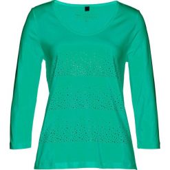 Shirt z połyskującymi kamieniami bonprix szmaragdowy. Zielone koszulki damskie marki bonprix, bez wzorów, bez kołnierzyka, bez rękawów. Za 79,99 zł.