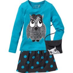 Shirt, spódnica i torebka (3 części) bonprix czarno-ciemnoturkusowy. Czarne spódniczki dziewczęce marki bonprix, z nadrukiem. Za 74,99 zł.