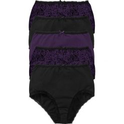Figi z wysoką talią (5 par) bonprix czarno-ciemny lila z nadrukiem. Czarne majtki damskie bonprix, z koronki. Za 64,95 zł.