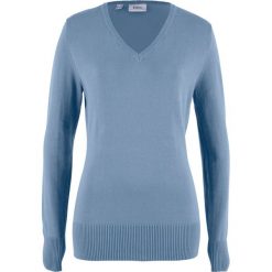 Sweter z dekoltem w serek bonprix matowy niebieski. Niebieskie swetry klasyczne damskie bonprix, z dzianiny, z dekoltem w serek. Za 59,99 zł.