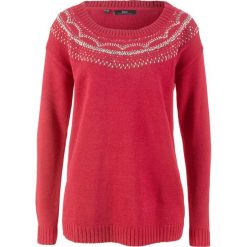 Sweter z okrągłym dekoltem z dekoracyjną bordiurą bonprix czerwony chili. Swetry damskie bonprix. Za 89,99 zł.