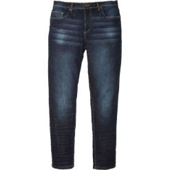 Dżinsy ze stretchem Slim Fit Tapered bonprix ciemny denim. Niebieskie jeansy męskie bonprix, m, bez wzorów. Za 109,99 zł.