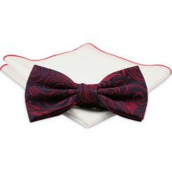 Granatowo-Czerwona Mucha z Białą Poszetką -CHATTIER- Męska, Orientalny Wzór MUCH0472. Czerwone muszki męskie Chattier, na imprezę, w paski, eleganckie. Za 44,00 zł.