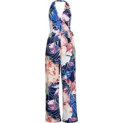 Kombinezon z dekoltem halter bonprix ciemnoniebieski wzorzysty. Niebieskie kombinezony damskie bonprix, bez wzorów, z elastanu, bez kołnierzyka, bez rękawów. Za 49,99 zł.