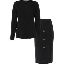 Sweter + spódnica (2 części) bonprix czarny. Czarne spódniczki damskie bonprix, bez wzorów, z dzianiny, midi, dopasowane. Za 134,99 zł.