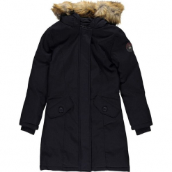 Płaszcz zimowy w kolorze granatowym. Niebieskie płaszcze dziewczęce Geographical Norway Kids & Women, na zimę, z aplikacjami, prążkowane. W wyprzedaży za 295,95 zł.