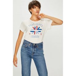 Pepe Jeans - Top Salma. Białe bluzki z odkrytymi ramionami marki Pepe Jeans, s, z nadrukiem, z bawełny, z okrągłym kołnierzem. W wyprzedaży za 99,90 zł.