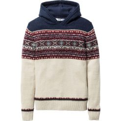 Sweter chłopięcy dzianinowy z kapturem bonprix naturalny melanż - ciemnoniebieski. Brązowe swetry chłopięce bonprix, bez wzorów, z dzianiny, z kapturem. Za 79,99 zł.