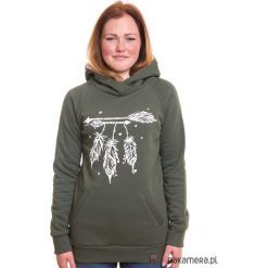 Bluza damska PIÓRKA khaki. Brązowe bluzy damskie Pakamera, z nadrukiem, z dresówki. Za 169,00 zł.