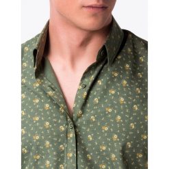 Koszula męska z krótkim rękawem K473 - zielona/beżowa. Brązowe koszule męskie Ombre Clothing, na lato, s, bez wzorów, z bawełny, klasyczne, z klasycznym kołnierzykiem, z krótkim rękawem. Za 35,00 zł.