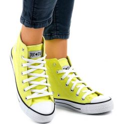 Żółte klasyczne wysokie trampki DTS8224-17. Żółte trampki i tenisówki damskie ButyModne, bez wzorów, z tkaniny, za kostkę, bez zapięcia. Za 63,99 zł.