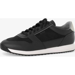 BOSS - Tenisówki męskie z dodatkiem skóry – Sonic, niebieski. Niebieskie trampki męskie Boss, bez wzorów, ze skóry, eleganckie, bez zapięcia. Za 845,95 zł.