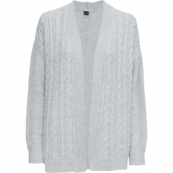 Sweter bez zapięcia, w warkocze bonprix jasnoszary melanż. Szare swetry damskie bonprix, bez wzorów, z długim rękawem, długie, bez kaptura. Za 49,99 zł.
