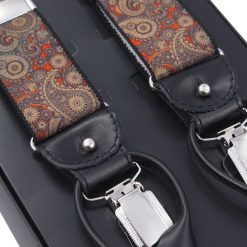 Czerwono - brązowe szelki we wzór paisley na żabki i na guziki G44. Czerwone szelki męskie . Za 99,00 zł.