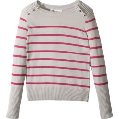 Swetry dziewczęce: Sweter w paski z guzikami bonprix jasnoszary melanż – jeżynowy w paski