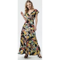 Czarno-Żółta Sukienka Doreameda. Czarne sukienki damskie Born2be, s, w kwiaty, z falbankami, z krótkim rękawem, krótkie, mini, rozkloszowane. Za 79,99 zł.