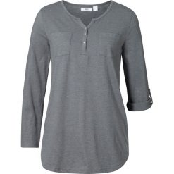 Shirt bawełniany z dekoltem henley z plisą guzikową bonprix dymny szary melanż. Szare koszulki damskie bonprix, bez wzorów, z bawełny, bez kołnierzyka, bez rękawów. Za 59,99 zł.