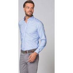 Koszula Błękitna w Kratę Jasmina. Niebieskie koszule męskie LANCERTO, na lato, m, z haftami, z bawełny, eleganckie, bez kołnierzyka, bez rękawów. Za 299,90 zł.