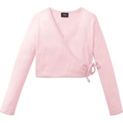 Sweter kopertowy z połyskującą lamówką bonprix bladoróżowy. Różowe swetry dziewczęce bonprix, bez wzorów, bez kołnierzyka, bez rękawów, bez kaptura. Za 54,99 zł.