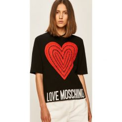 Love Moschino - T-shirt. Czarne bluzki damskie Love Moschino, s, z aplikacjami, z bawełny, casualowe, z okrągłym kołnierzem, z krótkim rękawem. Za 1169,00 zł.