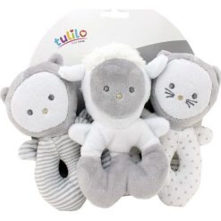 Grzechotki pluszowe komplet 3 sztuki 13 cm. Szare komplety niemowlęce Axiom, bez wzorów. Za 34,99 zł.