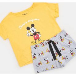 Piżama dwuczęściowa Myszka Mickey - Żółty. Żółte piżamy damskie Sinsay, s, z motywem z bajki, bez rękawów. Za 49,99 zł.