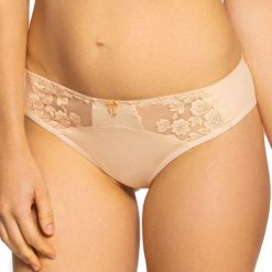 Brazyliany Arianna beżowe. Brązowe majtki damskie Gaia, z haftami, z bawełny. Za 47,99 zł.