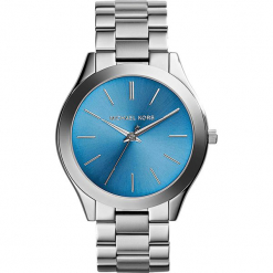 Zegarek kwarcowy "Slim Runway" w kolorze srebrno-niebieskim. Szare, analogowe zegarki damskie Michael Kors, ze stali. W wyprzedaży za 367,95 zł.