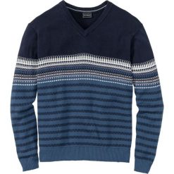 Sweter w graficzny wzór, z dekoltem w serek, Regular Fit bonprix jasny indygo - ciemnoniebieski. Niebieskie swetry klasyczne męskie bonprix, l, z dekoltem w serek. Za 99,99 zł.