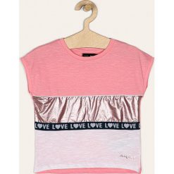 Desigual - T-shirt dziecięcy 104-164 cm. Różowe bluzki dziewczęce Desigual, z aplikacjami, z bawełny, z okrągłym kołnierzem, z krótkim rękawem, krótkie, bez kaptura. Za 179,90 zł.