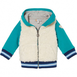 Bluza w kolorze kremowo-turkusowym. Białe bluzy chłopięce marki Steiff, z aplikacjami. W wyprzedaży za 125,95 zł.