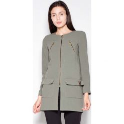 Oliwkowy Prosty Płaszcz- Żakiet z Suwakami. Zielone kurtki damskie Molly.pl, s, bez wzorów, eleganckie, bez kaptura. Za 152,90 zł.
