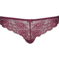 Stringi "Temptation" w kolorze ciemnofioletowym. Fioletowe stringi damskie Lascana & Co., w koronkowe wzory, z koronki. W wyprzedaży za 29,95 zł.