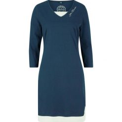 Sukienka shirtowa w optyce dwuwarstwowej, rękawy 3/4 bonprix ciemnoniebieski. Niebieskie sukienki damskie bonprix, bez wzorów, z bawełny, bez kołnierzyka, bez rękawów. Za 64,99 zł.