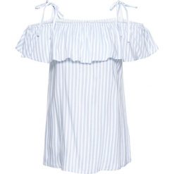 Bluzka "carmen" w paski bonprix pudrowy niebieski - biel wełny w paski. Niebieskie bluzki z odkrytymi ramionami bonprix, w paski, z wełny, z kołnierzem typu carmen. Za 79,99 zł.