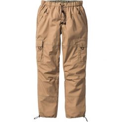 Spodnie bojówki Loose Fit Straight bonprix wielbłądzia wełna. Brązowe bojówki męskie bonprix, w paski, z wełny. Za 79,99 zł.