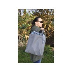 TORBA - WOREK Z KOMINEM XL - SZARA + PRINT. Szare torebki klasyczne damskie Pracownia 166, w paski, z bawełny, bez dodatków. Za 220,00 zł.